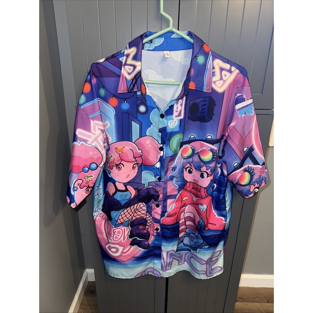 Romwe Anime Character Button Up Shirt Short Sleeve Collar Pink/ Sz Med